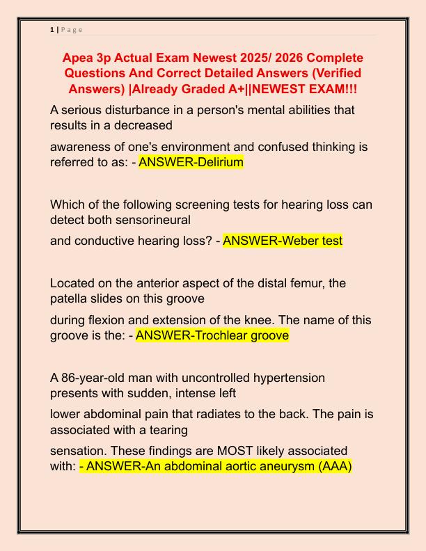 Apea 3p Actual Exam Newest 2025 Complete Questions And Correct Detailed Answers