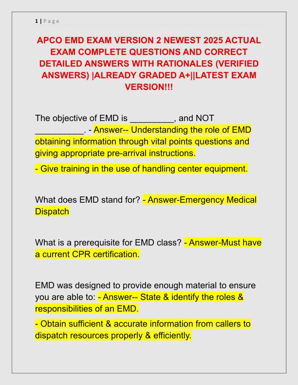 APCO EMD EXAM VERSION 2 NEWEST 2025 ACTUAL EXAM COMPLETE QUESTIONS AND CORRECT DETAILED ANSWERS WITH RATIONALES