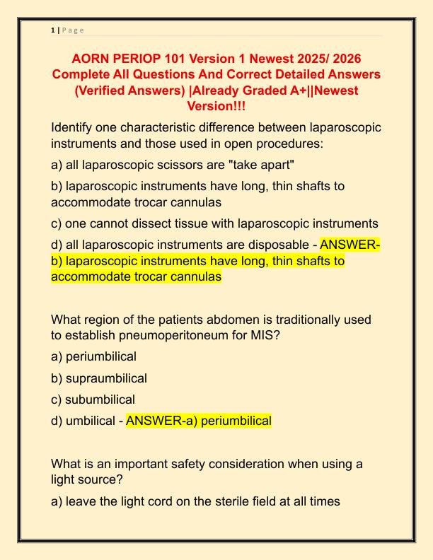 AORN PERIOP 101 Version 1 Newest 2025 Complete All Questions And Correct Detailed Answers