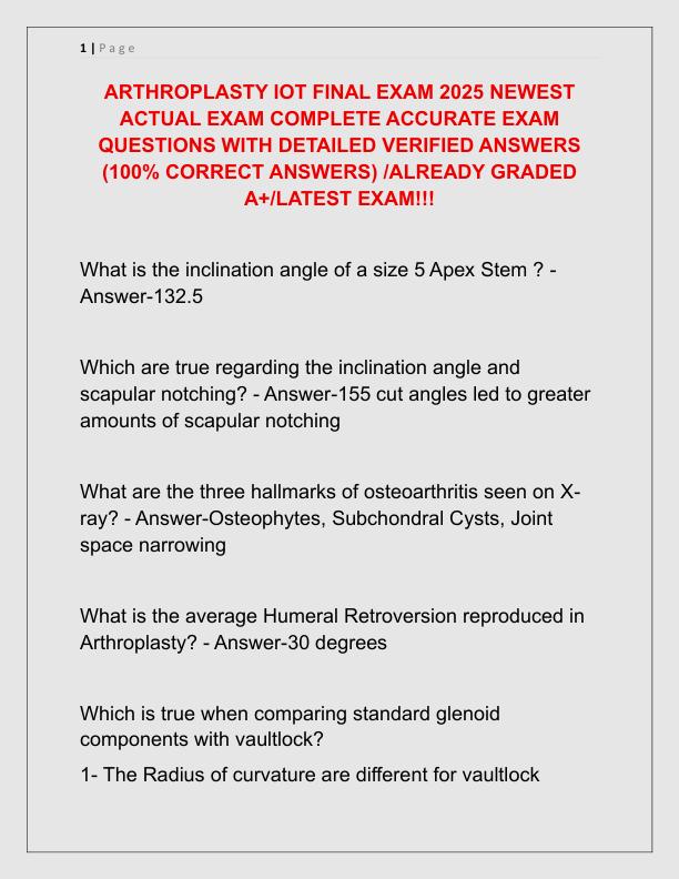 ARTHROPLASTY IOT FINAL EXAM 2025 NEWEST ACTUAL EXAM COMPLETE ACCURATE EXAM QUESTIONS WITH DETAILED VERIFIED ANSWERS
