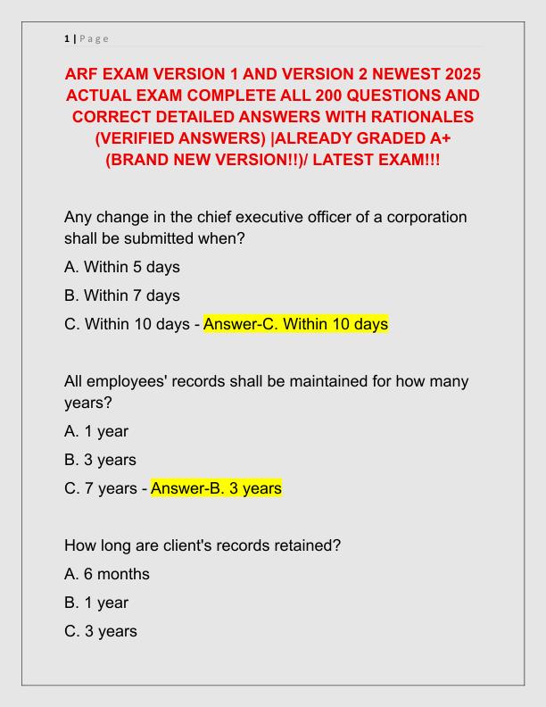 ARF EXAM VERSION 1 AND VERSION 2 NEWEST 2025 ACTUAL EXAM COMPLETE ALL 200 QUESTIONS AND CORRECT DETAILED ANSWERS WITH RATIONALES