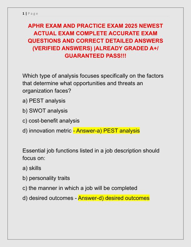 APHR EXAM AND PRACTICE EXAM 2025 NEWEST ACTUAL EXAM COMPLETE ACCURATE EXAM QUESTIONS AND CORRECT DETAILED ANSWERS