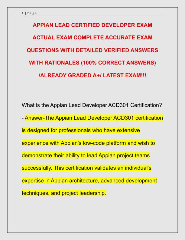 APPIAN LEAD CERTIFIED DEVELOPER EXAM ACTUAL EXAM COMPLETE ACCURATE EXAM QUESTIONS WITH DETAILED VERIFIED ANSWERS WITH RATIONALES