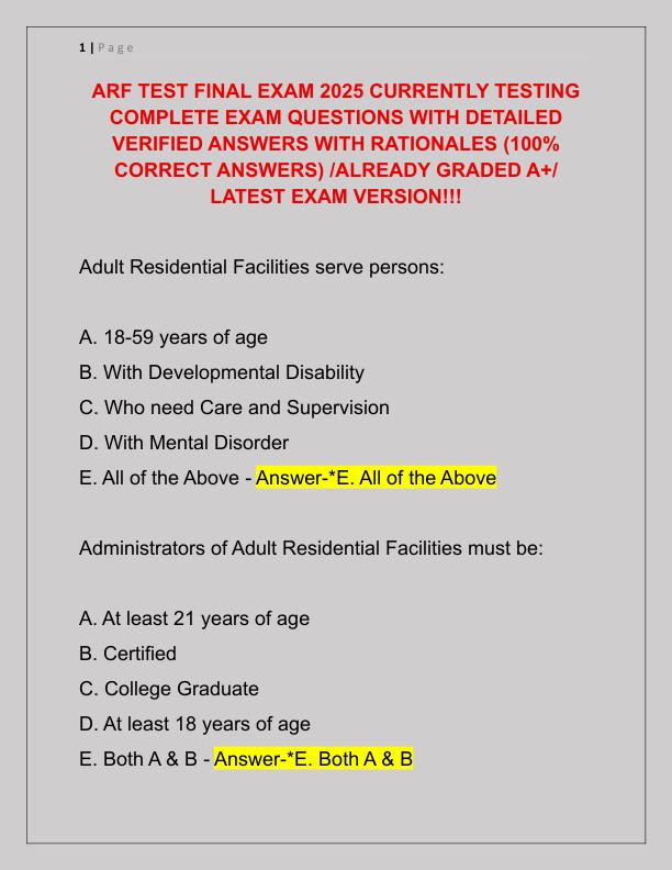 ARF TEST FINAL EXAM 2025 CURRENTLY TESTING COMPLETE EXAM QUESTIONS WITH DETAILED VERIFIED ANSWERS WITH RATIONALES