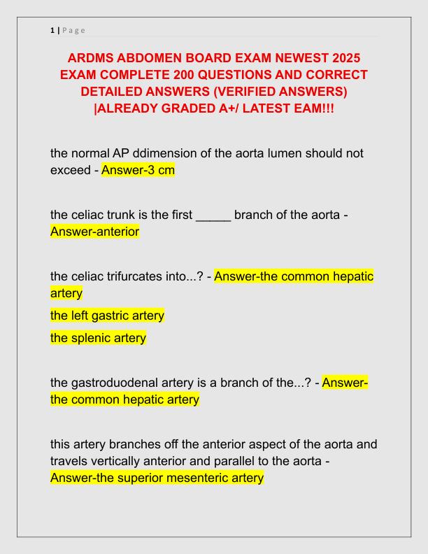ARDMS ABDOMEN BOARD EXAM NEWEST 2025 EXAM COMPLETE 200 QUESTIONS AND CORRECT DETAILED ANSWERS