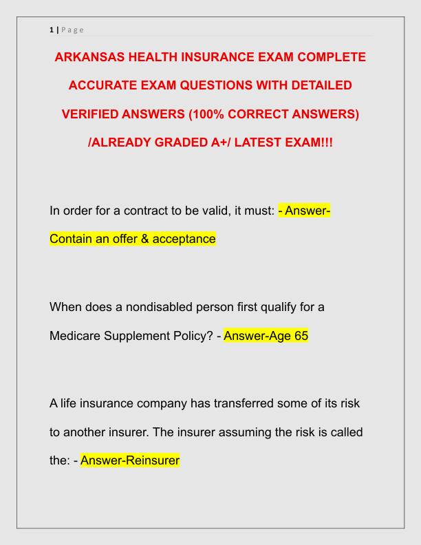 ARKANSAS HEALTH INSURANCE EXAM COMPLETE ACCURATE EXAM QUESTIONS WITH DETAILED VERIFIED ANSWERS