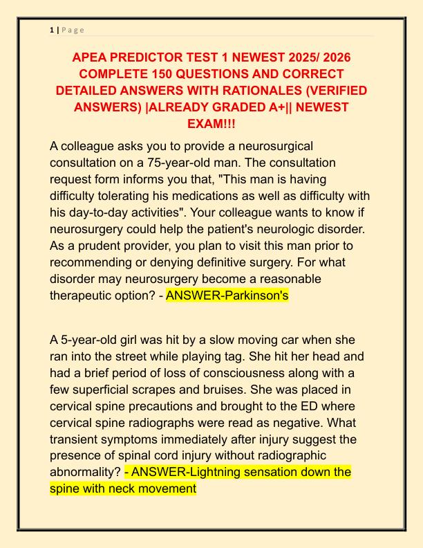 APEA PREDICTOR TEST 1 NEWEST 2025 COMPLETE 150 QUESTIONS AND CORRECT DETAILED ANSWERS