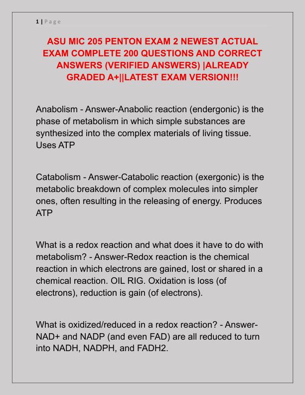 ASU MIC 205 PENTON EXAM 2 NEWEST ACTUAL EXAM COMPLETE 200 QUESTIONS AND CORRECT ANSWERS