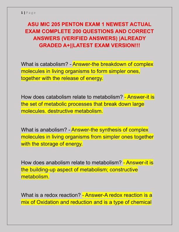 ASU MIC 205 PENTON EXAM 1 NEWEST ACTUAL EXAM COMPLETE 200 QUESTIONS AND CORRECT ANSWERS