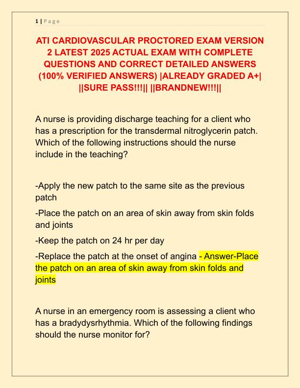 ATI CARDIOVASCULAR PROCTORED EXAM VERSION 2 LATEST 2025 ACTUAL EXAM WITH COMPLETE QUESTIONS AND CORRECT DETAILED ANSWERS