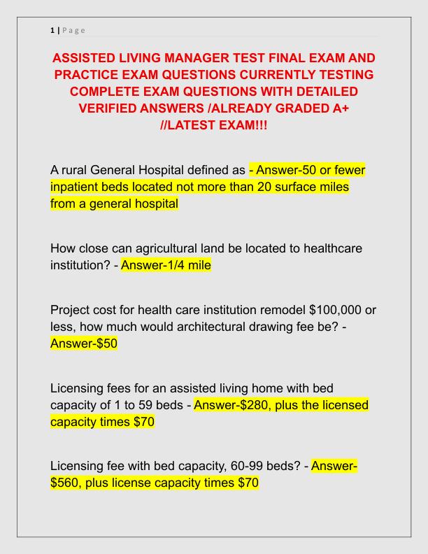 ASSISTED LIVING MANAGER TEST FINAL EXAM AND PRACTICE EXAM QUESTIONS CURRENTLY TESTING COMPLETE EXAM QUESTIONS WITH DETAILED VERIFIED ANSWERS