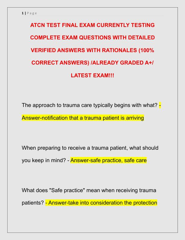 ATCN TEST FINAL EXAM CURRENTLY TESTING COMPLETE EXAM QUESTIONS WITH DETAILED VERIFIED ANSWERS WITH RATIONALES