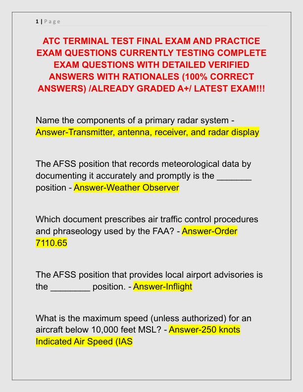 ATC TERMINAL TEST FINAL EXAM AND PRACTICE EXAM QUESTIONS CURRENTLY TESTING COMPLETE EXAM QUESTIONS WITH DETAILED VERIFIED ANSWERS WITH RATIONALES