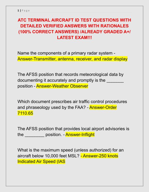 ATC TERMINAL AIRCRAFT ID TEST QUESTIONS WITH DETAILED VERIFIED ANSWERS WITH RATIONALES