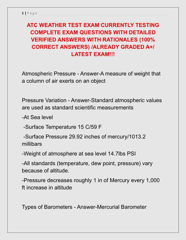 ATC WEATHER TEST EXAM CURRENTLY TESTING COMPLETE EXAM QUESTIONS WITH DETAILED VERIFIED ANSWERS WITH RATIONALES