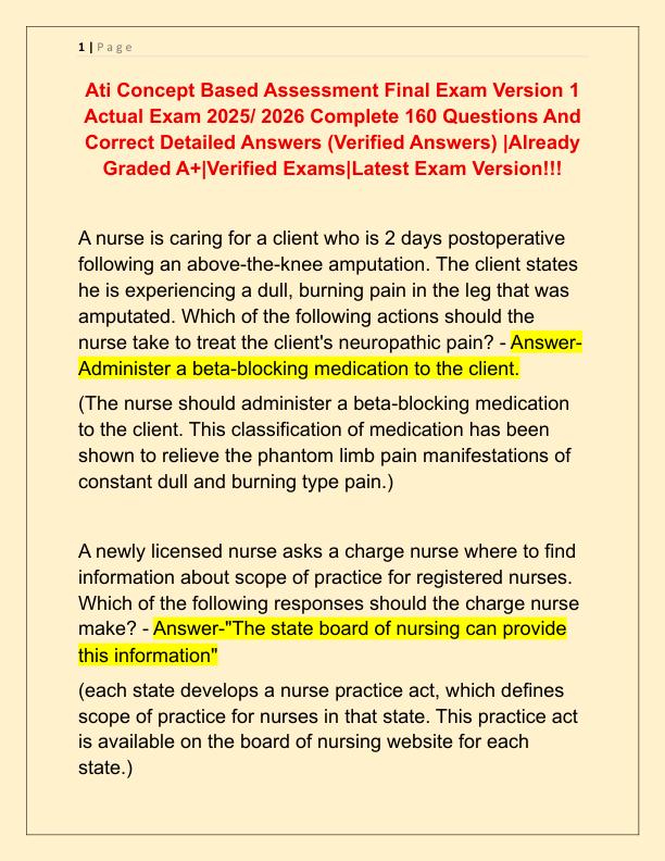 Ati Concept Based Assessment Final Exam Version 1 Actual Exam 2025