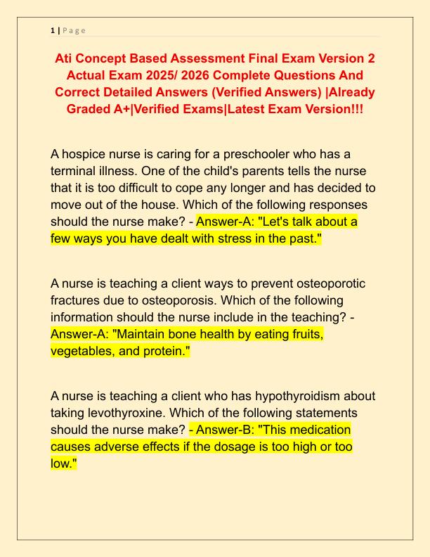 Ati Concept Based Assessment Final Exam Version 2 Actual Exam 2025