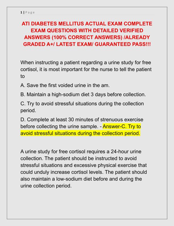 ATI DIABETES MELLITUS ACTUAL EXAM COMPLETE EXAM QUESTIONS WITH DETAILED VERIFIED ANSWERS