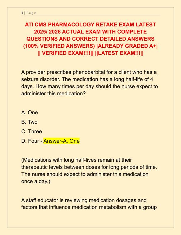 ATI CMS PHARMACOLOGY RETAKE EXAM LATEST 2025