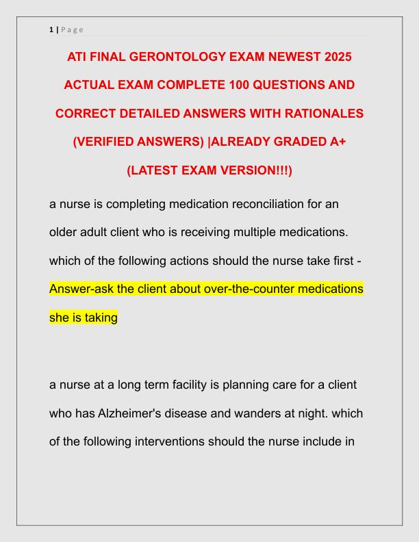 ATI FINAL GERONTOLOGY EXAM NEWEST 2025 ACTUAL EXAM COMPLETE 100 QUESTIONS AND CORRECT DETAILED ANSWERS WITH RATIONALES