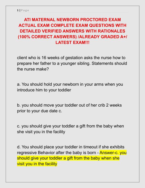 ATI MATERNAL NEWBORN PROCTORED EXAM ACTUAL EXAM COMPLETE EXAM QUESTIONS WITH DETAILED VERIFIED ANSWERS WITH RATIONALES