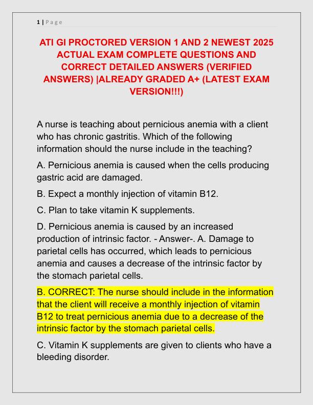 ATI GI PROCTORED VERSION 1 AND 2 NEWEST 2025 ACTUAL EXAM COMPLETE QUESTIONS AND CORRECT DETAILED ANSWERS
