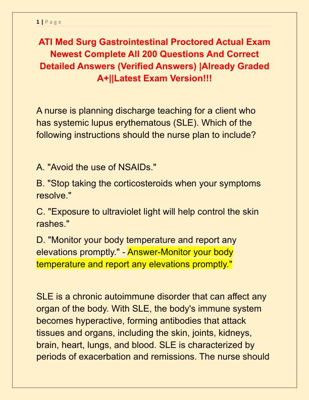 ATI Med Surg Gastrointestinal Proctored Actual Exam Newest Complete All 200 Questions And Correct Detailed Answers