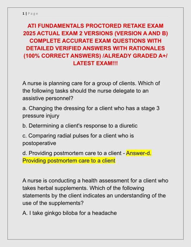 ATI FUNDAMENTALS PROCTORED RETAKE EXAM 2025 ACTUAL EXAM 2 VERSIONS