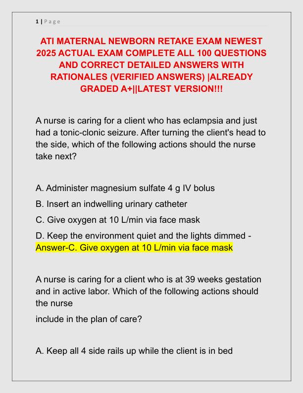 ATI MATERNAL NEWBORN RETAKE EXAM NEWEST 2025 ACTUAL EXAM COMPLETE ALL 100 QUESTIONS AND CORRECT DETAILED ANSWERS WITH RATIONALES