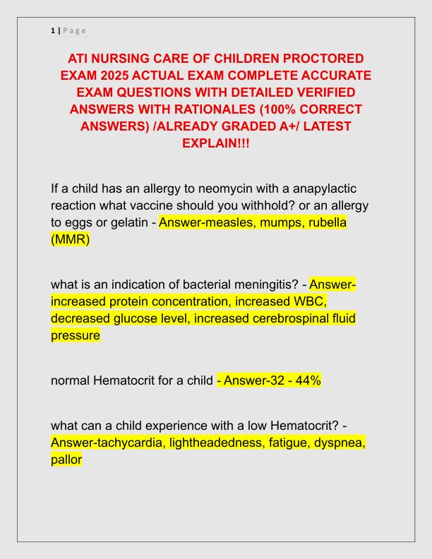 ATI NURSING CARE OF CHILDREN PROCTORED EXAM 2025 ACTUAL EXAM COMPLETE ACCURATE EXAM QUESTIONS WITH DETAILED VERIFIED ANSWERS WITH RATIONALES