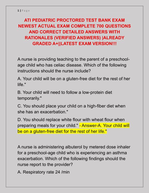 ATI PEDIATRIC PROCTORED TEST BANK EXAM NEWEST ACTUAL EXAM COMPLETE 700 QUESTIONS AND CORRECT DETAILED ANSWERS WITH RATIONALES