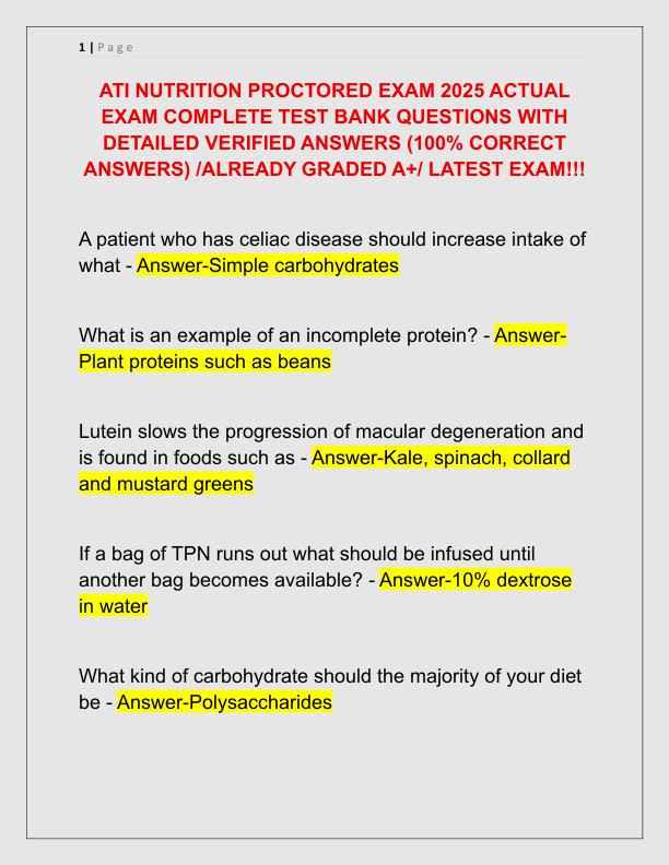 ATI NUTRITION PROCTORED EXAM 2025 ACTUAL EXAM COMPLETE TEST BANK QUESTIONS WITH DETAILED VERIFIED ANSWERS