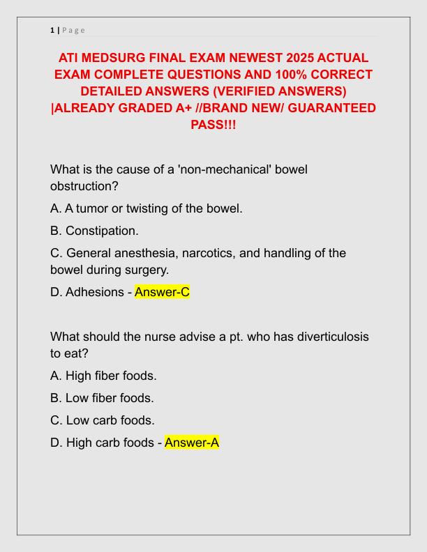 ATI MEDSURG FINAL EXAM NEWEST 2025 ACTUAL EXAM COMPLETE QUESTIONS AND 100