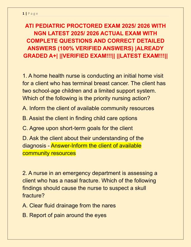 ATI PEDIATRIC PROCTORED EXAM 2025