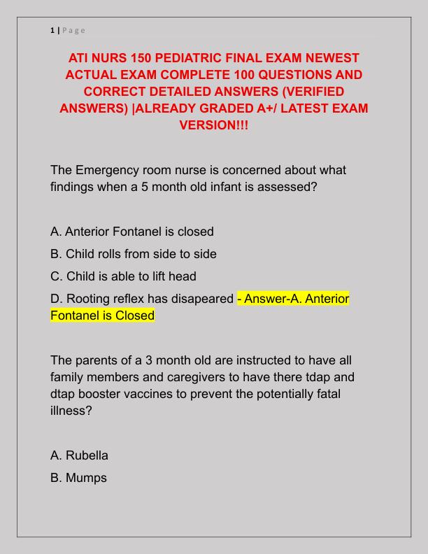 ATI NURS 150 PEDIATRIC FINAL EXAM NEWEST ACTUAL EXAM COMPLETE 100 QUESTIONS AND CORRECT DETAILED ANSWERS