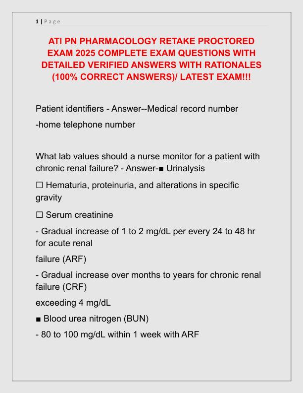 ATI PN PHARMACOLOGY RETAKE PROCTORED EXAM 2025 COMPLETE EXAM QUESTIONS WITH DETAILED VERIFIED ANSWERS WITH RATIONALES