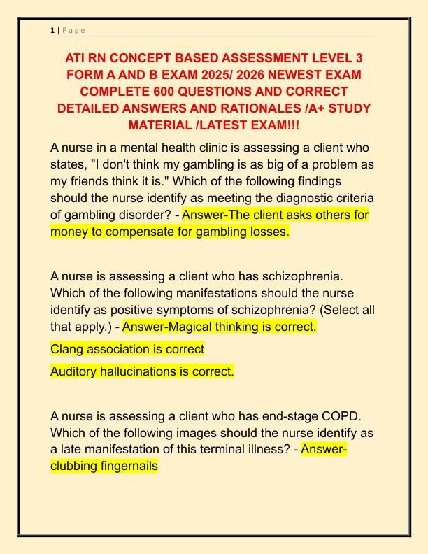 ATI RN CONCEPT BASED ASSESSMENT LEVEL 3 FORM A AND B EXAM 2025