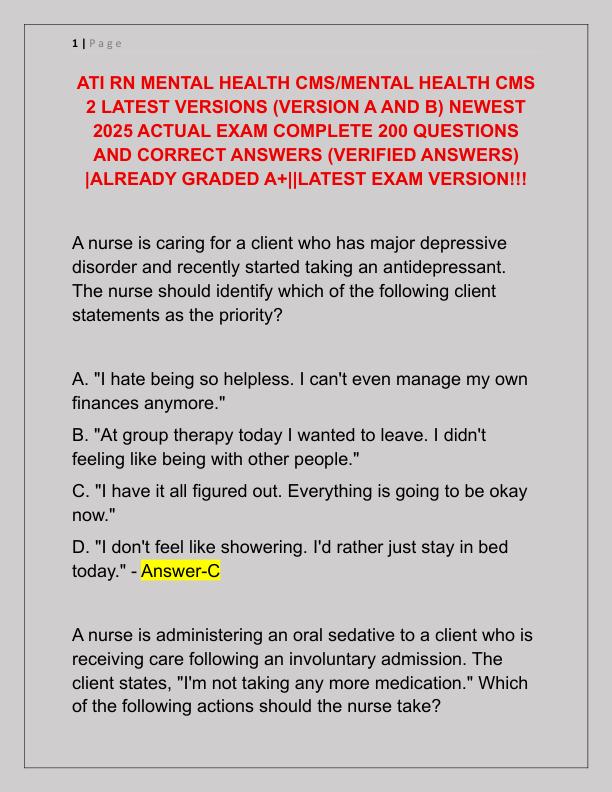 ATI RN MENTAL HEALTH CMS