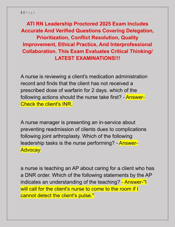 ATI RN Leadership Proctored 2025 Exam Includes Accurate And Verified Questions Covering Delegation