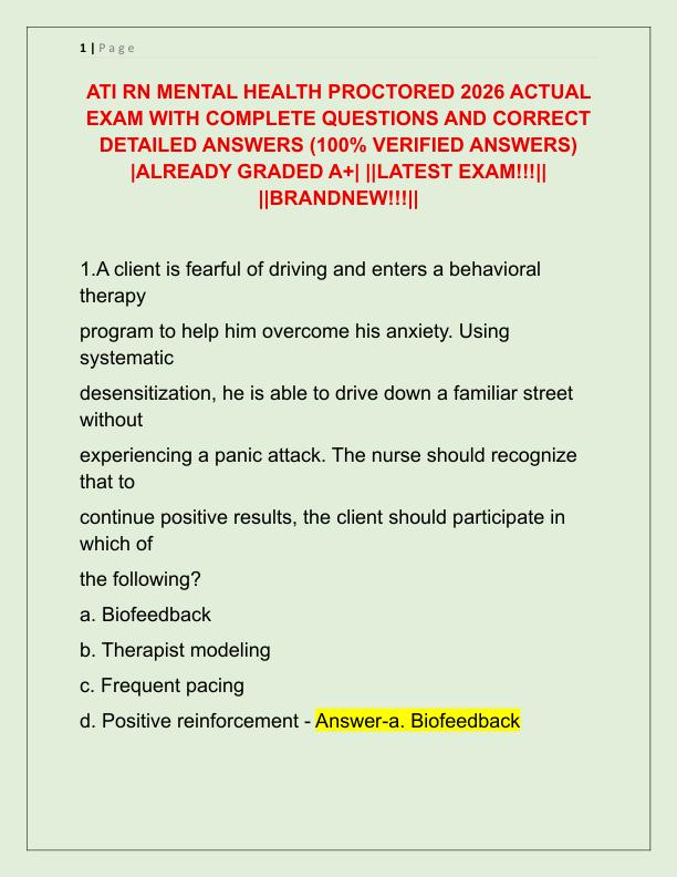 ATI RN MENTAL HEALTH PROCTORED 2026 ACTUAL EXAM WITH COMPLETE QUESTIONS AND CORRECT DETAILED ANSWERS