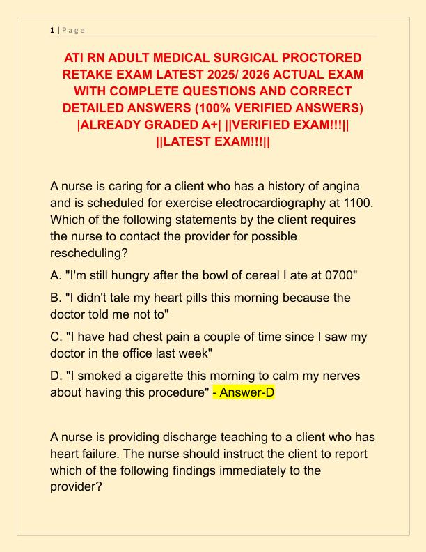 ATI RN ADULT MEDICAL SURGICAL PROCTORED RETAKE EXAM LATEST 2025