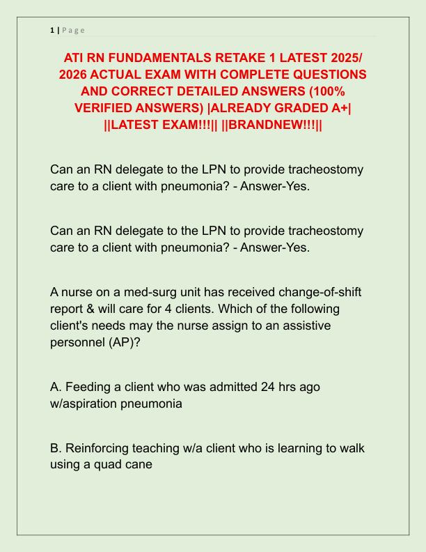 ATI RN FUNDAMENTALS RETAKE 1 LATEST 2025