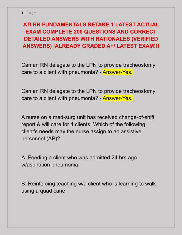 ATI RN FUNDAMENTALS RETAKE 1 LATEST ACTUAL EXAM COMPLETE 200 QUESTIONS AND CORRECT DETAILED ANSWERS WITH RATIONALES
