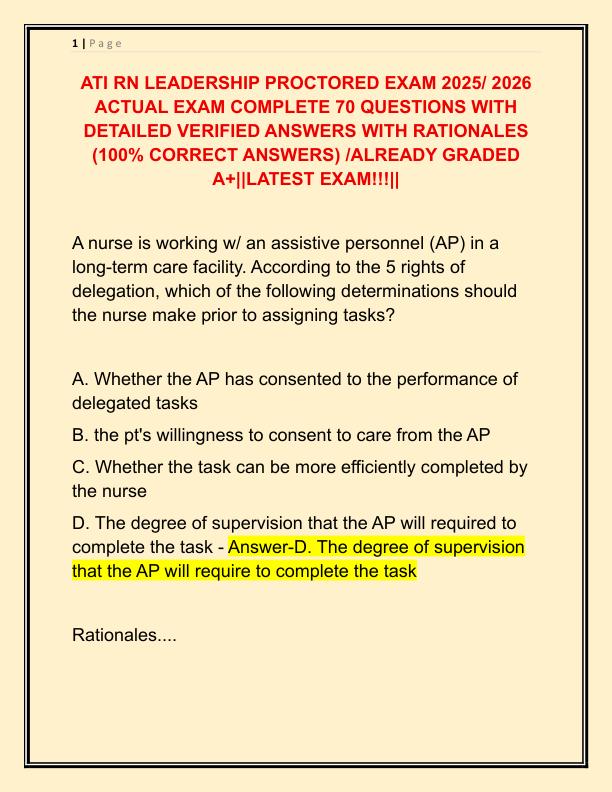 ATI RN LEADERSHIP PROCTORED EXAM 2025