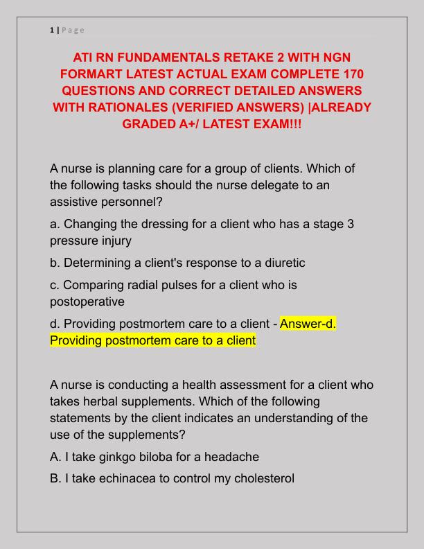 ATI RN FUNDAMENTALS RETAKE 2 WITH NGN FORMART LATEST ACTUAL EXAM COMPLETE 170 QUESTIONS AND CORRECT DETAILED ANSWERS WITH RATIONALES