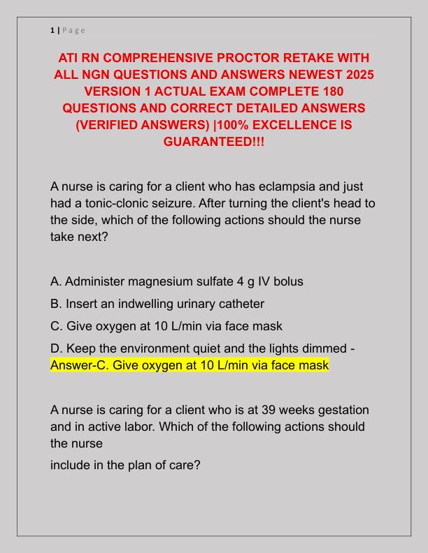 ATI RN COMPREHENSIVE PROCTOR RETAKE WITH ALL NGN QUESTIONS AND ANSWERS NEWEST 2025 VERSION 1 ACTUAL EXAM COMPLETE 180 QUESTIONS AND CORRECT DETAILED ANSWERS