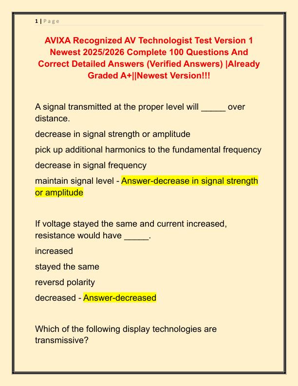 AVIXA Recognized AV Technologist Test Version 1 Newest 2025