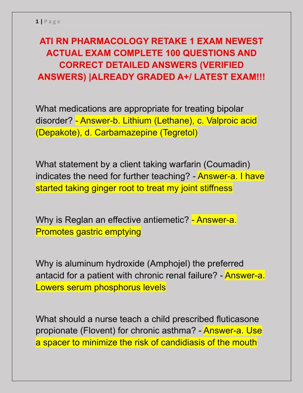 ATI RN PHARMACOLOGY RETAKE 1 EXAM NEWEST ACTUAL EXAM COMPLETE 100 QUESTIONS AND CORRECT DETAILED ANSWERS
