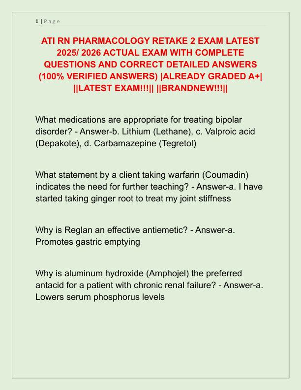 ATI RN PHARMACOLOGY RETAKE 2 EXAM LATEST 2025