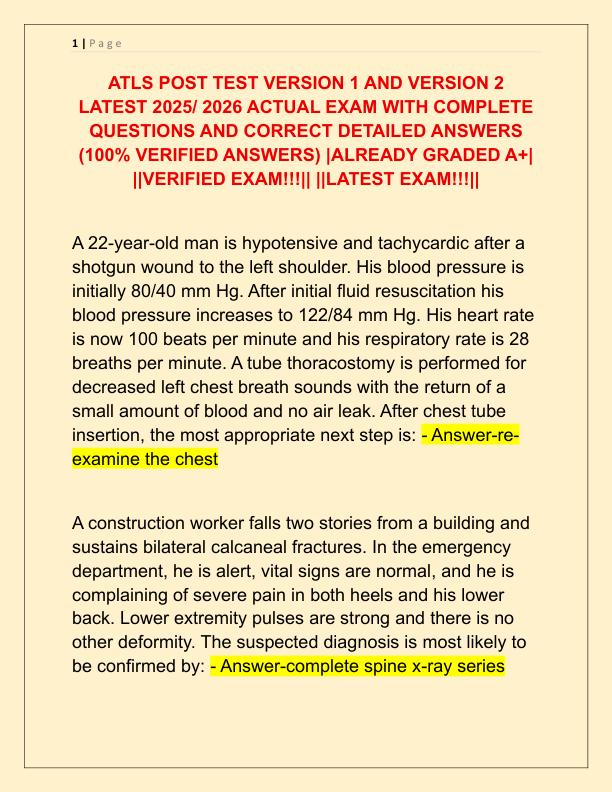 ATLS POST TEST VERSION 1 AND VERSION 2 LATEST 2025